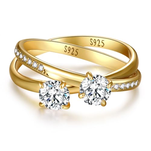 Stacking Interlocking Ring 14K Gold Plated | 925 Sterling Silver Stackable Wedding Bands Statement Cubic Zirconia Engagement Ring Sets Maximalist Jewelry Band Width 2mm Size 5-9