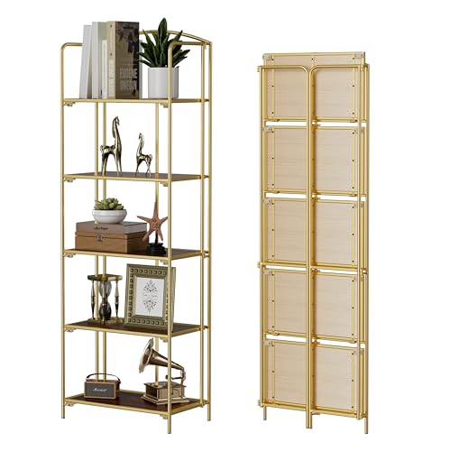 Crofy No Assembly Folding Bookshelf for Living Room, 5 Tier Gold Collapsible Book Shelf for Home Office, Portable Bookcase Storage Organizer
