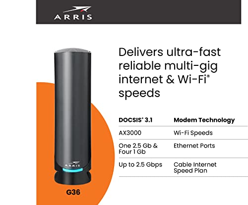 ARRIS (G36) - Cable Modem Router Combo - Fast DOCSIS 3.1 Multi-Gigabit WiFi 6 (AX3000), Approved for Comcast Xfinity, Cox, Spectrum & More, 1.2 Gbps Max Speeds, 2x2 OFDM