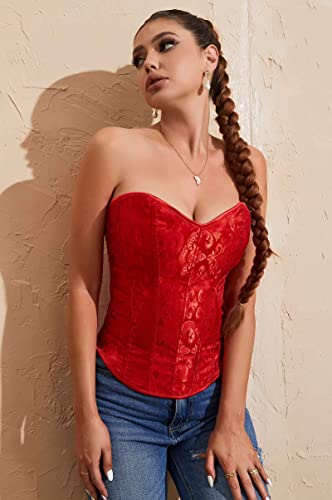 Moessa Women's Lace Up Boned Overbust Corset Tube Top Zipper Waist Cincher Bustier Bodyshaper Tops 993-Red-Xl #TOP4