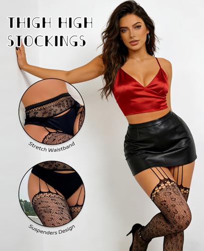 Image of Sesiwadbe Womens Fishnet Patterned Tights High Waist Suspenders Pantyhose Thigh High Stockings