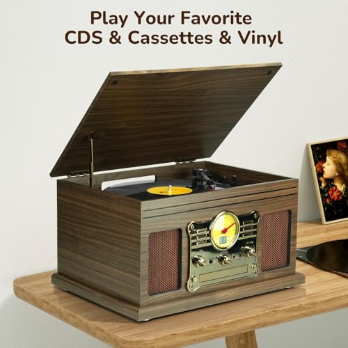 Image of FEKTIK Bluetooth Record Player 10 in 1,FEKTIK 3-Speed Turntable for Vinyl with Speakers, LP to MP3 Converter, CD, Cassette Player, FM Radio, Wireless Streaming | Wooden
