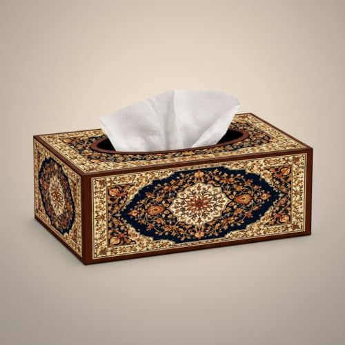 Image of Blue Ivory Persian Motif Printed Wooden Tissue Box Holder Premium Rectangular Tissue Box Cover for Home & Office Use 6.5x5x3 Inch