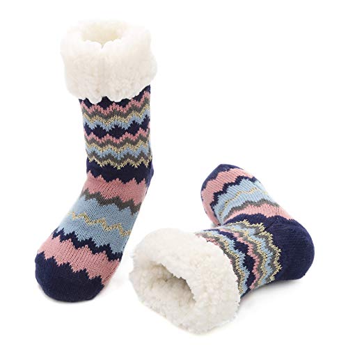 MaaMgic - Calcetines Pantuflas Antideslizantes de Invierno para Mujer Calcetines de Casa Cálidos Forrados de Lana Divertidos para Navidad,ola-rosa azul marino Cover