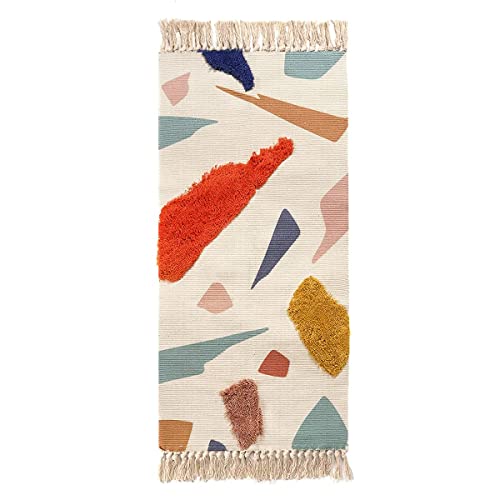 Livebox Bathroom Runner Rug 2' X 4' Multi-Color Block Kids Bedroom Area Rug With Tassel Hand Woven Cotton Tufted Throw Rug For Living Room Laundry Kitchen Entryway Wall Hanging #TOP6