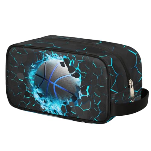 Ackutea Kids Travel Toiletry Bag - Blue Fire Basketball Waterproof Hanging Cosmetic Hygiene Bags for Boys Men - Large Shave Kit for Toiletries Accessories Bathroom Stuff