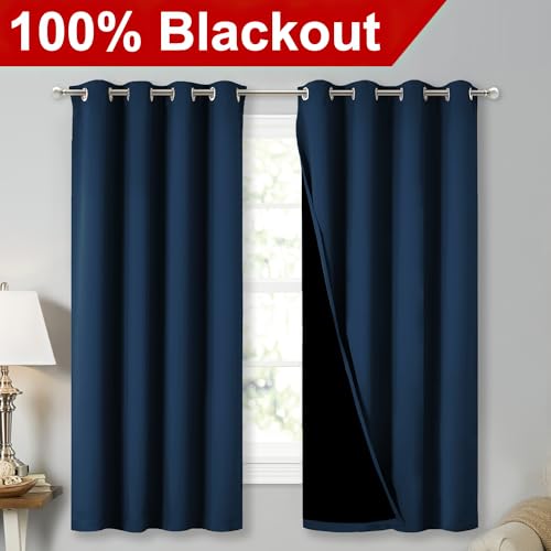 Image of NICETOWN 100% Blackout Curtains with Black Liners, Thermal Insulated Full Blackout 2-Layer Lined Drapes, Energy Efficiency Window Draperies for Bedroom (Moroccan Blue, 2 Panels, 52 inch W by 63 inch L)