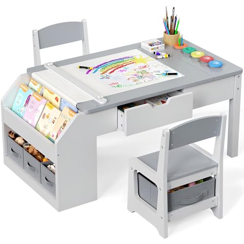 5-in-1 Kids Art Table and Chairs, Toddler Table and Chair Set, Craft Play Desk for Kids, Convertible Art Easel with Paper Roll Holder & Storage...