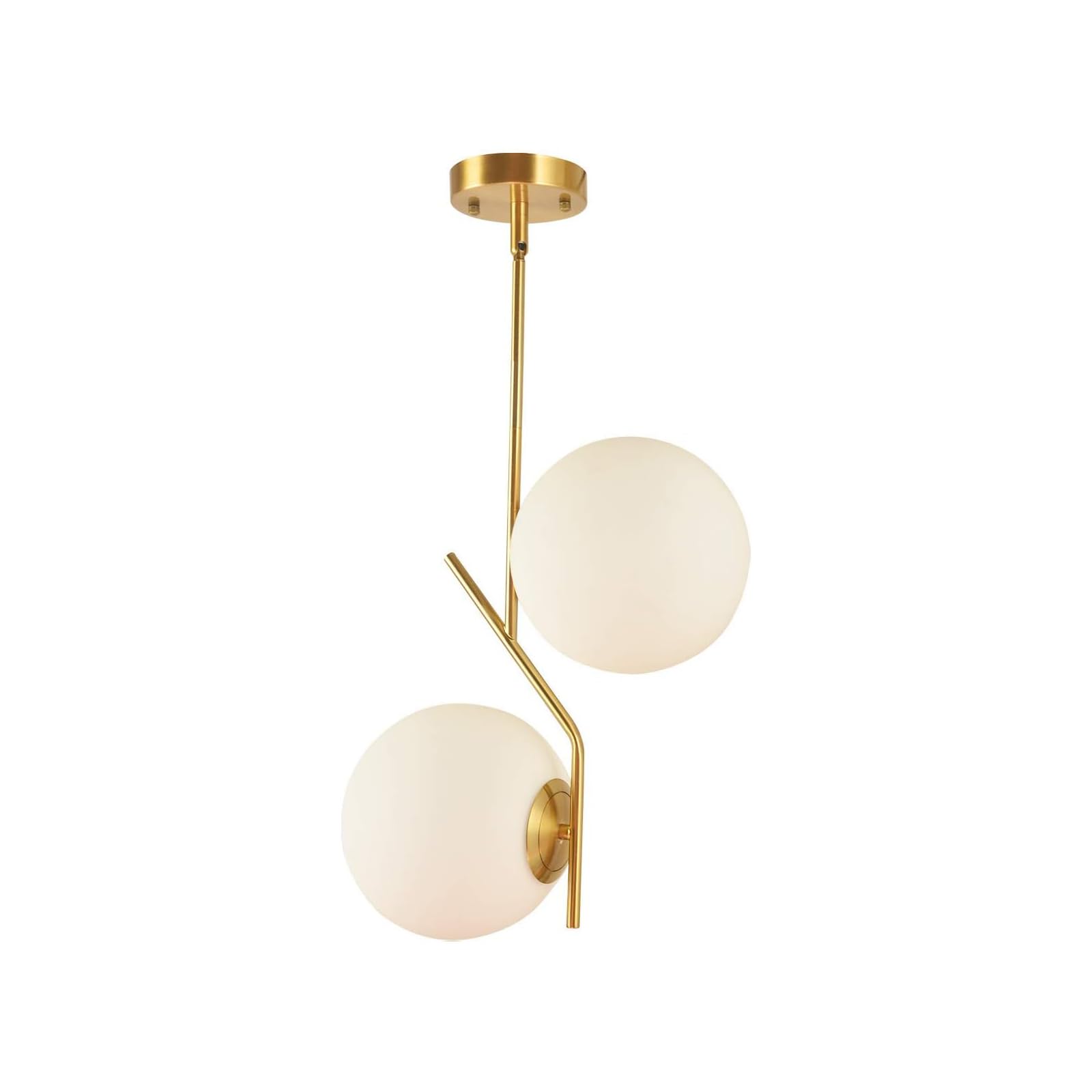 2 Lights Modern Globe Chandelier Mid Century Pendant Light Large 7.87” White Globe Glass Shade Hanging Light Fixture for Dining Kitchen Island Bedroom (Gold)