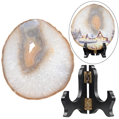 KYEYGWO Natural Irregular Agate Slice Painting Decor with Wooden Stand Agate Geode Slab for Desk Hallway Snowy Night - Image 2
