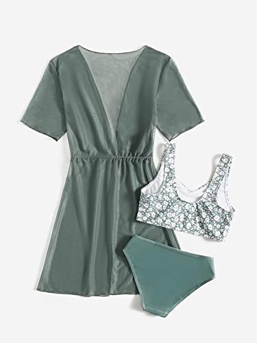 Romwe Girl's 3 Pack Floral Bikini Set Swimwear Bathing Suit Swimsuit And Kimono Green 140 #TOP1