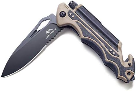 Sharknight Survival Knife, 5-in-1 Pocket Folding Knife with AUS-8 Blade Ball Bearing Pivot System LED Light Magnesium Fire Starter Seatbelt Cutter Glass Breaker