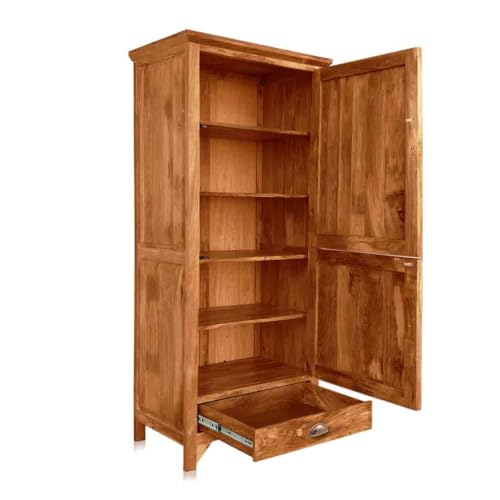 Image of APRODZ Mango Wood Wardrobe for Bedroom 1-Door Unique Front Almirah for Storage /Space Saving 1-Drawer Storage Organizer Rack Clothes Cupboard for Bedroom (Natural)