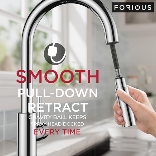 FORIOUS Kitchen Faucet with Soap Dispenser and Pull Down Sprayer, Contemporary High Arc Kitchen Sink Faucet with Deck Plate, Stainless Steel, Single Handle,for Farmhouse Laundry, Chrome by FORIOUS - Used condition - CA$65.96