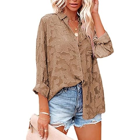 MOONETTO Womens Solid Color Long Sleeves Button Down Jacquard Floral Print Lace Chiffon Shirt Blouse Tops, Brown, Small Cover