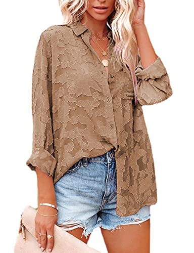 MOONETTO Damen-Bluse, einfarbig, lange Ärmel, Jacquard-Blumenmuster, Spitze, Chiffon, Bluse, Tops, braun, Klein Cover