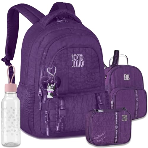 Kit Mochila Escolar Rebecca Bonbon RB 27006 Roxa com Lancheira, Estojo box e Garrafinha