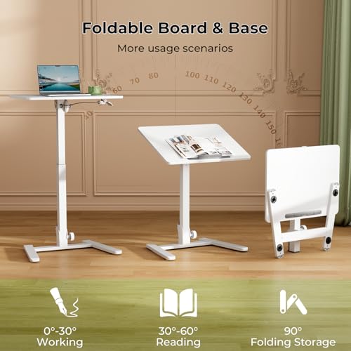 Image of Gibbon Mounts Foldable Standing Desk,Small Mobile Sit-Stand Desk with 90 Tiltable Top,Rolling Rising Laptop Workstation Adjustable Height,Portable Table on Hidden Wheels /4 Lockable Casters,White