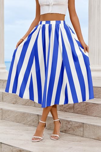 Image of Cicy Bell Womens Summer Striped Maxi Skirts A-Line Beach Vacation Outfits | Elastic Waist, Side Pockets, Flowy, Midi Length, Color Contrast, Trendy Casual