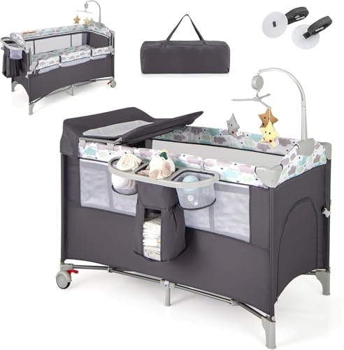 RELAX4LIFE 5 en 1 Cuna Infantil Bebe con 2 Ruedas Bloqueables, Cambiador, Correa Fijación, Caja de Música y 3 Juguetes Colgantes, Cuna con Colchón y Bolsa de Transporte para Bebés 0-36 Meses (Gris)