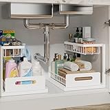 REALINN Under Sink Organizer, Pull Out Cabinet Organizer, 2 Tier Metal Slide Out Shelf with L Shaped Design, Under Cabinet Storage for Kitchen, Bathroom, Laundry, Deep Cabinet Shelf Storage, White