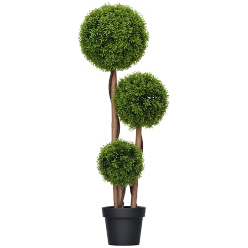 HOMCOM Arbre Artificiel, Plante Artificiel, buis avec 3 Boules Feuilles de Bambou, Pot Inclus, intérieur et extérieur, Hauteur 110 cm, Aucun Assemblage nécessaire,...