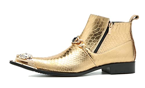 Santimon Mens Chelsea Boots Casual Dress Ankle Boots Genuine Leather Metal Pointed-Toe Double Zipper Gold Chain Western Boots Fashion Prom Wedding Tuxedo Party Singer Cowboy Boots for Men2