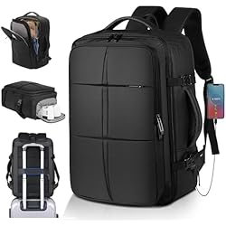 Mejores Maletas Para Avion KKNE Mochila de viaje grande Expandible para montaña, cabina avion, Adecuado tanto para hombres como para mujeres, Con puerto de carga USB, Negro