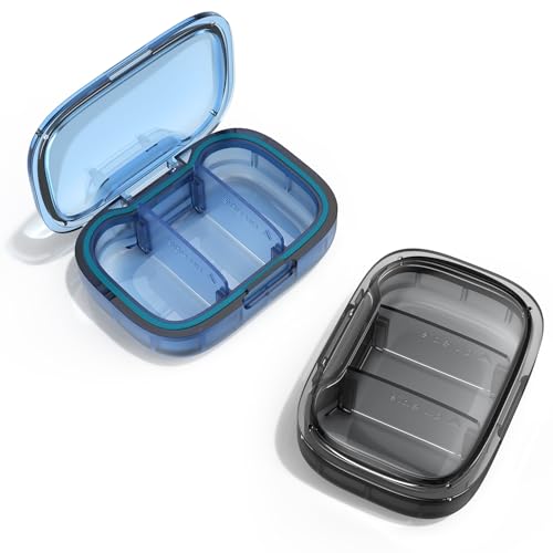 Image of 2 Pack 3 Compartment Small Pill Box, Moisture Proof Pill Case, Pill Organizer for Pocket Purse, Daily Portable Medicine Vitamin Box (Blue+Black)