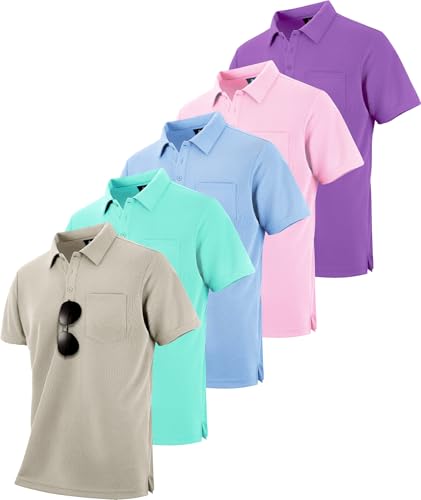 Image of SCODI 5 Pack Mens Pocket Polo Shirts Short Sleeve Golf Casual Work T-Shirt