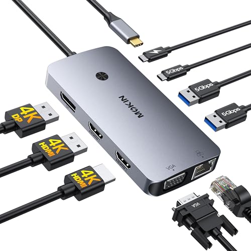 MOKiN Station d'accueil USB C Triple Écran- 9 en 1 Dock USB C avec Double HDMI 4K, DisplayPort, VGA, PD 100W, Ethernet Gigabit, 3 USB A/C 3.0 Compatible Dell/HP/Lenovo/Mac