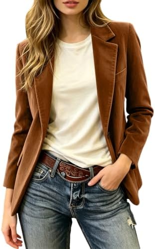 Cord Blazer Damen Lange Open Front Blazer Arbeit Büro Elegant Jacke Anzug | Sportlich Casual Business Blazerjacke Übergangsjacke Sakko Revers Knopf Herbst Winter Einfarbig Strickja