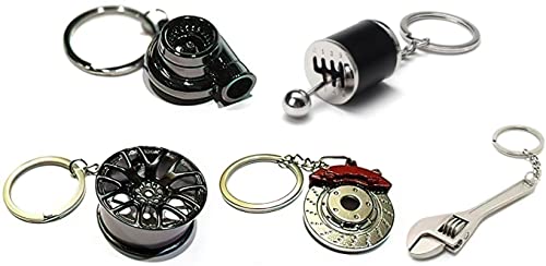 GT//Rotors Five Piece Auto Parts Metal Keychain - Spinning Turbo Six Speed Manual Gearbox Wheel Rim Brake Rotor Wrench Keychain
