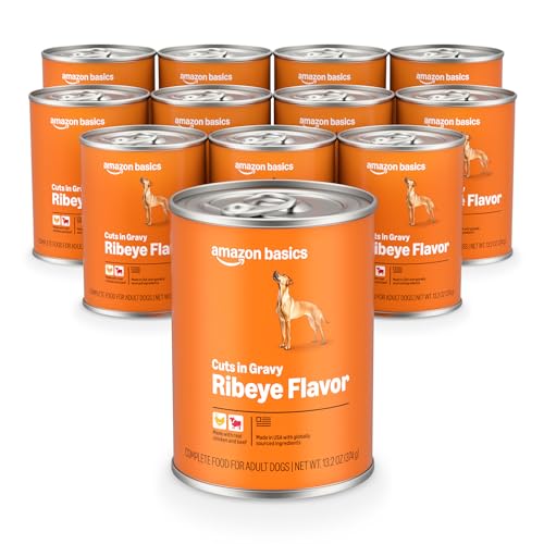 Amazon Basics Wet Dog Food, Cuts in Gravy, Ribeye Flavor, Made with Real Chicken and Beef, 13.2 oz can (Pack of 12)