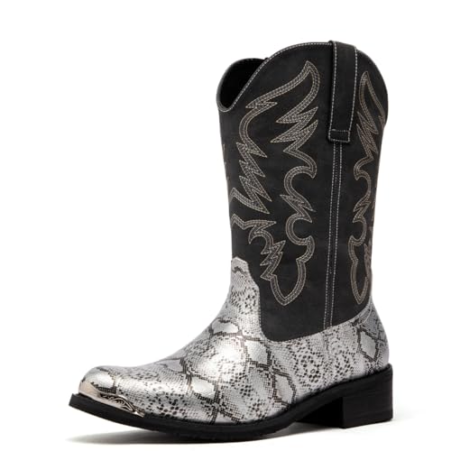 Men's cowboy boots round toe boots embroidered with traditional Western country artificial snakeskin pattern2