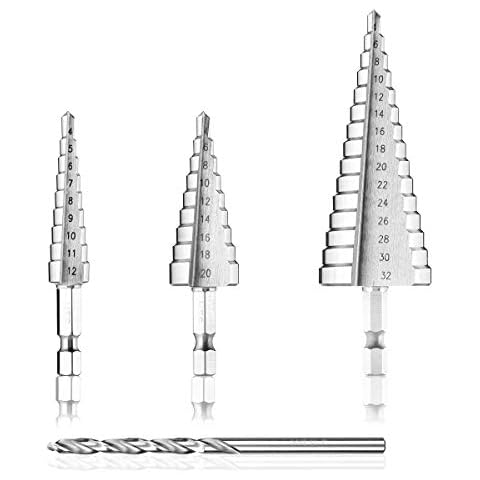 HSS Step Drill Bit Sets, MOHOO 3pcs HSS Cone Drill Bit with Twist Drill 4-12mm / 4-20mm / 4-32mm Step Cone Drill 13 Steps Hex Shank Tool Kit for Steel, Wood, Plastic, Aluminum Copper DIY Cover