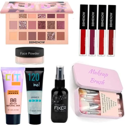 Image of BBMENOW Complete Professional Makeup Combo Kit for Women with Nude Eyeshadow Palette, Liquid Matte Lipsticks, Foundation, Primer, Face Powder, Makeup Fixer & Brush Set