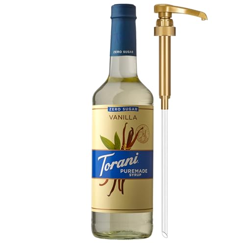 Torani Zero Sugar Puremade Syrup, Vanilla Flavoring for Drinks, Non-GMO, Glass Bottle with Pump Included, 25.4 Fl Oz