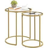 Yaheetech Round Nesting Side Table Stacking Coffee Table, Set of 2 Circular End Tables w/Metal Frame & Tempered Glass Top & Protective Foot Pads for Small Space Living Room Office, Mustard Gold