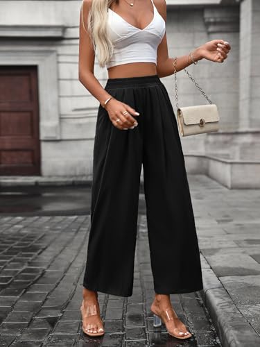Womens Pleated Wide Leg Pants Elastic High Waist Stretch Casual Trousers with Pockets3