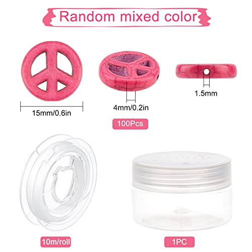 SUNNYCLUE 1 Box 100Pcs Peace Sign Beads Bulk Colorful Synthetic Turquoise Bead Charms Flat Round Carved Hollow Elastic Thread for DIY Bracelets Crafts Jewelry Making Supplies - Image 2