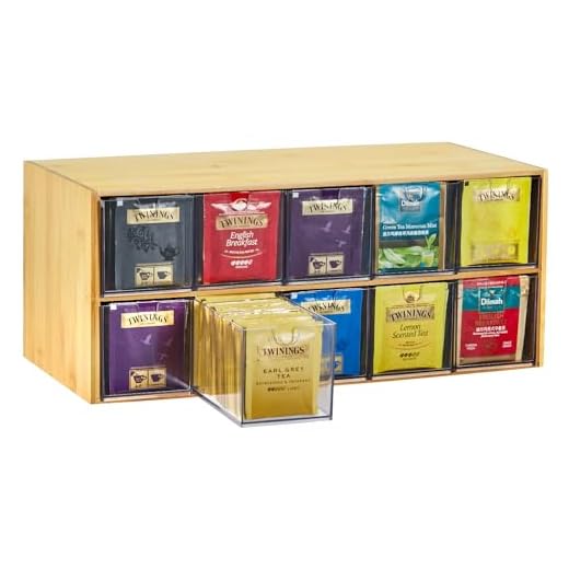 TIMIEEYA Tea Bag Organizer - Bamboo Tea Storage Organizer With Drawer 2 Layer, Tea Organizer for Tea Bags Natural Wood & Acrylic for Countertop Office Kitchen Cabinet Pantry