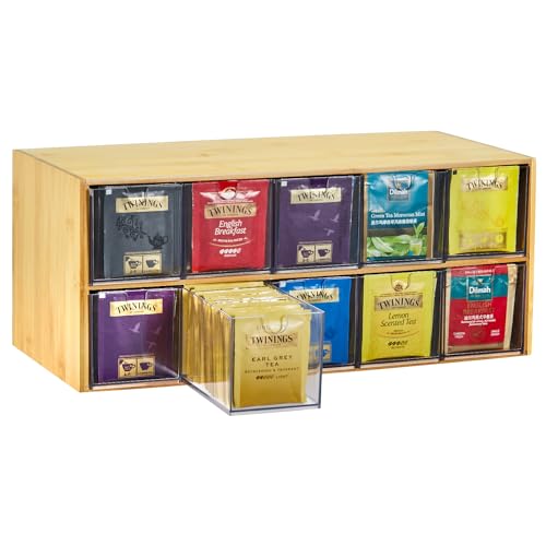 TIMIEEYA Tea Bag Organizer - Bamboo Tea Storage Organizer With Drawer 2 Layer, Tea Organizer for Tea...