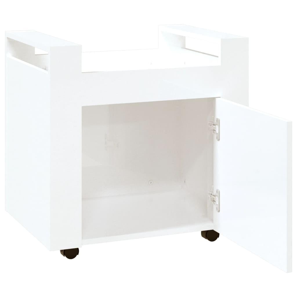 Hochglanz-Weißer Bürowagen 60x45x60 cm aus Holzwerkstoff mit 4 Rollen, stabile Oberfläche, Stauraum, Tür, ideal für Büroorganisation, langlebig, leicht beweglich, pflegeleicht