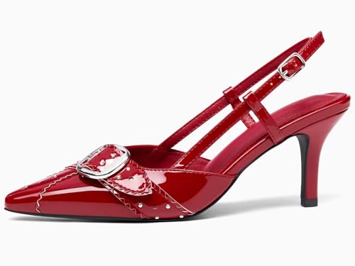Image of Coutgo Womens Slingback Kitten Heels Studded Closed Pointed Toe Pumps with Buckle Party Dress Shoes
