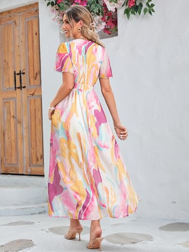 Image of Simplee Women's Boho Floral Maxi Dress Flowy Casual V Neck Short Sleeve Wedding Guest Holiday Beach Long Dress