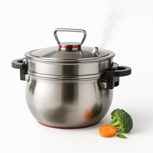 XVersion 2-Tier Steamer Pot for Cooking with Lid 7L Semi-Pressure 304 Stainless Steel Steaming Pot 10.24 inch Multi-Cookware with Handles for Vegetables Dumplings Stock & Sauces - Silver