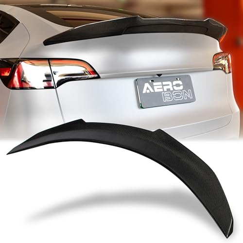AeroBon Real Carbon Fiber Trunk Spoiler Compatible with 2020-2024 Tesla Model Y Rear Spoiler (H Style) High Kick