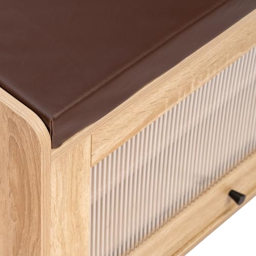 Image of Rocco Rosso Shoe Cabinet with Seat for 12 Pairs | Lift-Up Acrylic Fluted Shutter | Engineered Wood Shoe Rack Bench with Adjustable Shelves | Scratch-Resistant | Hallway Bedroom Entryway (Oak)