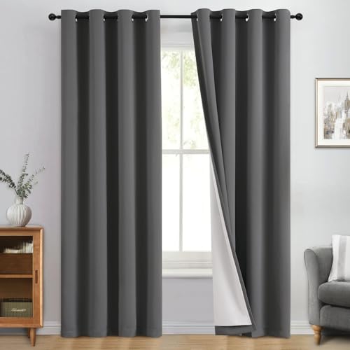 Image of Yakamok Dove Grey 100% Blackout Curtains 84 Inches Long 50 inch Wide 2 Panel | Blackout Curtain Panels for Bedroom, 2 Thick Layers Grommet Top Thermal Insulated Drapes with White Back for Living Room